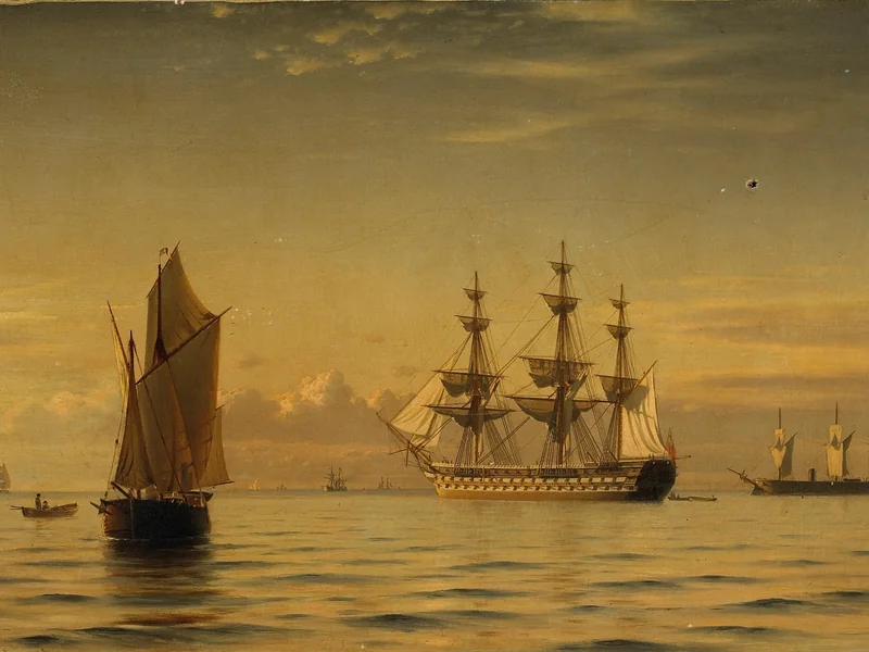 1832-Christian Frederik Emil Eckardt - Una nave di linea insieme ad altre imbarcazioni su un mare calmo